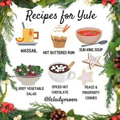 the recipe for yule is displayed in front of holly wreaths and pine cones