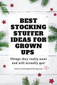 the words best stocking stuffer ideas for grown ups are surrounded by pine branches