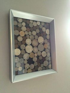 there is a frame with some coins in it on the wall next to a toilet