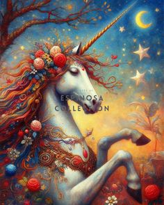 a painting of a unicorn with flowers on its head, and stars in the sky