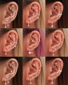 the different types of ear piercings are shown in multiple pictures, including one with pearls and