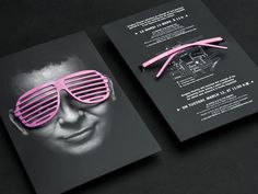 two business cards with pink sunglasses on them