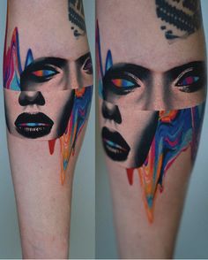 the legs are decorated with colorful tattoos and designs on their thighs, which include two women's faces