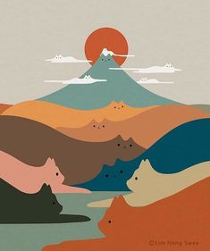 an image of mountains with animals in the foreground and a sun setting behind them