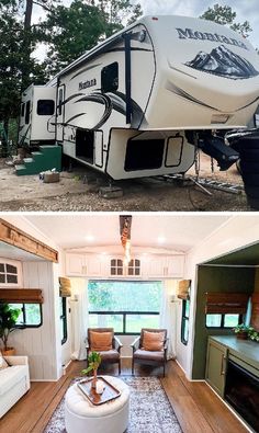 before and after photos of a camper with the living room in it's place