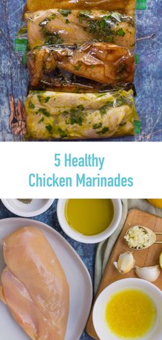 five healthy chicken marinades are shown in this collage