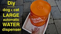 an orange cup sitting on top of a plastic container with the words diy dog cat large automatic water dispenser