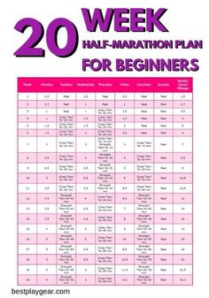 the 20 week half marathon plan for beginners is shown in pink and white with purple lettering