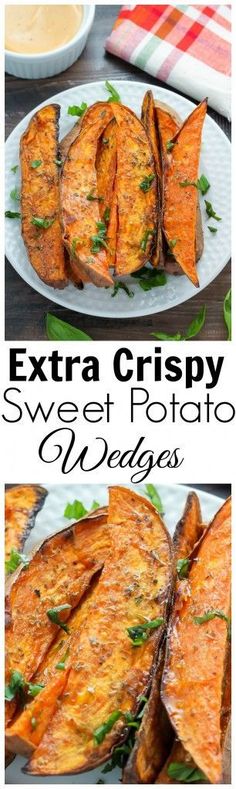 some food that is on a plate and in front of the words extra crispy sweet potato wedges