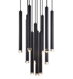 a black chandelier with eight lights hanging from it's sides and four tubes attached to the ceiling