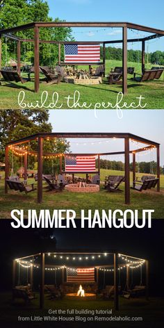 an outdoor fire pit with lights strung around it and the american flag hanging over it