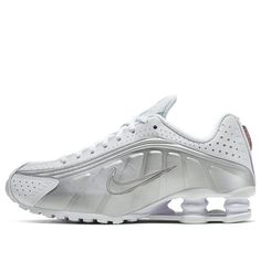 (WMNS) Nike Shox R4 'White Metallic' AR3565-101 (SNKR) Classic White Running Shoes, Classic White Running Shoes With Air Max Cushioning, Classic White Running Shoes With Air Cushioning, Classic White Running Shoes For Light Sports, White Classic Running Shoes For Casual Use, Shox Shoes, Nike Shox Shoes, Nike Shox R4, Nike Shox