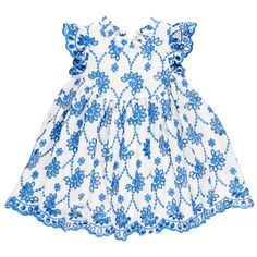 New Silhouette! All eyes are on our new to the collection Girls Cynthia Dress in Blue Eyelet. A swirling true blue embroidered floral pops against a crisp white ground to make this extra special frock sing. Perfect for birthday parties, brunch with grandma or even a special night out, this dress will become an immediate heirloom. The scalloped hem and sleeves and charming ruffle neck detail add to the classic look. Layer with our Girls Constance Sweater in Crystal Blue for a complete look. Corporate Fashion, Eyelet Dress, True Blue, Scalloped Hem, Our Girl, Beautiful Fabric, Classic Looks