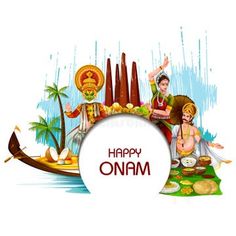 happy onam greeting card with people in boat and palm trees, water and clouds