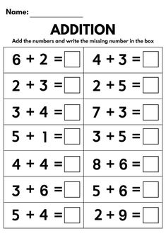 addition worksheet with numbers and missing number in the box for kids to learn