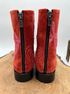 Bohemian Red Leather Boots, Red Embroidered Winter Boots, Red Embroidered Boots With Round Toe, Embroidered Red Boots With Round Toe, Traditional Suede Boots With Round Toe, Traditional Embroidered Boots For Fall, Traditional Embroidered Fall Boots, Embroidered Leather Closed Toe Boots, Winter Leather Boots With Embroidery