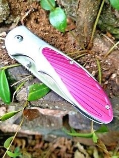 a pink and silver knife sitting on top of a leaf covered ground next to green plants