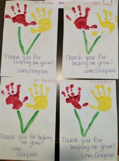 four handprinted thank you cards with flowers