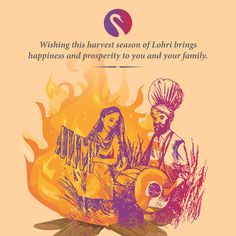 an illustration of two people sitting in front of a fire with the caption, wishing this harvest season of lori brings happiness and prosperity to you