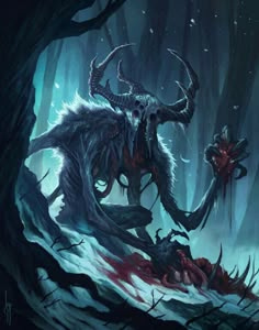 a demonic creature in the woods with blood on it's face and two large horns