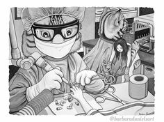 a drawing of two people wearing masks while cutting something in front of them with scissors