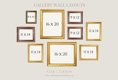 six framed wall layouts with the measurements for each frame in different sizes and colors