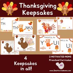 four thanksgiving cards with turkeys and handprints on them, including the words thank you