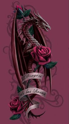 a drawing of a dragon with roses on it's head and ribbon around its neck