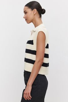 The Mariette top is a stripe sweater with collar v neckline. This top fits true to size. Sweater With Collar, Sweater Polo, Polo Vest, Short Loungewear, Modern Feminine, Denim Outerwear, Knitted Vest, Cotton Vest, Collar Sweater