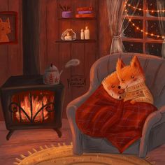 a painting of two foxes wrapped in blankets sitting on a chair next to a fire place