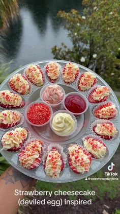 a person holding up a plate with cupcakes and sauces on it in front of a lake