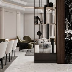 an elegant dining room with marble floors and white walls, along with modern chairs and bookshelves