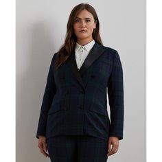 Waist darts and shoulder pads enhance the structured silhouette of this double-breasted blazer which features glossy satin peak lapels and a soft wool-blend twill construction. A must-have layer for holiday dressing this style is fiber-dyed with a festive plaid pattern realized in hues of blue green and black. Holiday Dressing, Ralph Lauren Plaid, Breasted Blazer, Double Breasted Blazer, Green And Black, Soft Wool, Holiday Dresses, Outerwear Women, Plaid Pattern