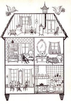 a drawing of a doll house with furniture inside