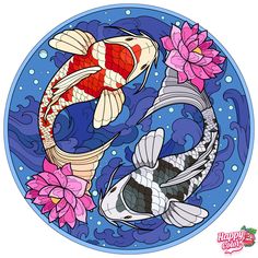 two koi fish are swimming in the water with pink flowers on their tails and bubbles