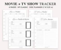 the movie and tv show tracker printable worksheet is shown in three different styles