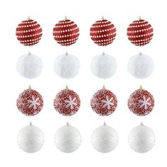 twelve red and white christmas baubles with pom - poms on them