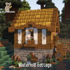 an image of a small cottage in the middle of some trees and water with text overlay that reads, watermill cottage