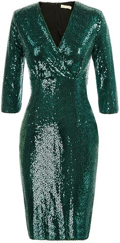 This holiday-themed dress is perfect for your festive occasions. Featuring a 3/4 length sleeve and wrap design, this hunter green sequin dress is sure to make a statement. The glitter detail adds a subtle glamour, making it perfect for any formal event. Shell: 98% Polyester + 2% Viscose, Lining: 95% Polyester + 5% Spandex Zipper closure GARMENT CARE: Hand wash, hang or line dry, do not dry clean, ironing reverse cold Size Chart Small = Dress 4-6, Bust,33"-35", Waist 25-26", Hips 35"-37"Medium = Green 3/4 Sleeve Party Dress, Green 3/4 Sleeve Dress For Party, Fitted Sequin Dress For Christmas, Green Sequined Christmas Dresses, Holiday Green Sequin Cocktail Dress, Green Sequin Dress For Holiday Night Out, Green Sequin Cocktail Dress For Holidays, Fitted Sequin Dress For Christmas Holiday Party, Green Sequin Christmas Dress