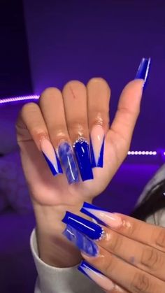 Best Acrylic Nails Blue, Royal Blue And Black Nail Designs, Blue Bling Nails Short, Royal Blue Nails Acrylic Medium, Royal Blue Nails Prom, Royal Blue Acrylic Nails Ideas, Royal Blue Birthday Nails, Pretty Blue Nails Acrylic, Royal Blue Nails For Prom