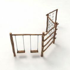 a wooden swing set with two swings attached to the top and bottom bars on each side