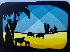 an image of the nativity scene with sheep, palm trees and people in silhouette