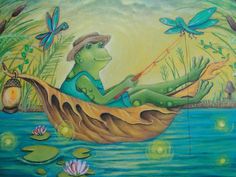 a painting of a frog in a boat on the water with dragonflies flying around