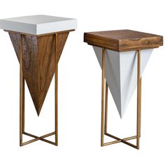 two wooden tables with white and brown paper napkins on them, one in the shape of an upside down triangle