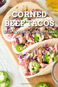 corned beef tacos with creamy cabbage slaw and jalapeno peppers