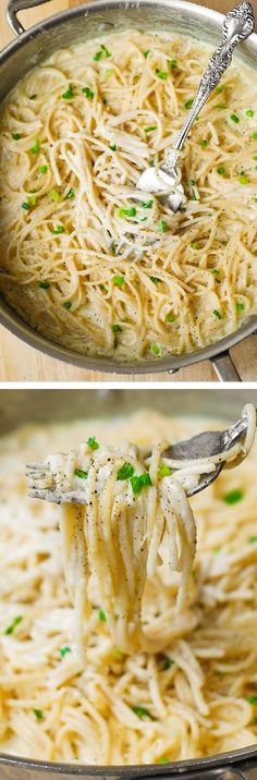 two pictures showing the process of making chicken noodle soup in a skillet and then being stirred with a ladle