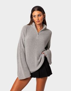 Stay Relaxed To The Max In This Essential Cozy Oversized Zip Sweater. Throw It Over Any Outfit For The Perfect Chilled Vibe. Zip Sweater. Oversized Fit. High Neckline. Knitted Fabric. Model Wears Size S. Model Height Is 5'9. Item Care: Wash With Similar Colors. 100% Cotton. | Edikted Amour High Neck Oversized Zip Sweater Styling Half Zip Sweaters, Obersized Sweater, Sweater Zip Up, Fall Oversized Sweater Outfits, Oversized Quarter Zip Outfit, Church Winter Outfit, Knit Shirt Outfit, Quarter Zip Outfit, Oversized Quarter Zip