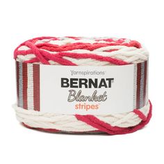 bernat striped yarn in red, white and grey colors on a white background with the label