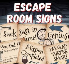 four signs with the words escape room signs on them and an image of a clock