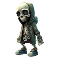 a skeleton in a hoodie is standing on one foot